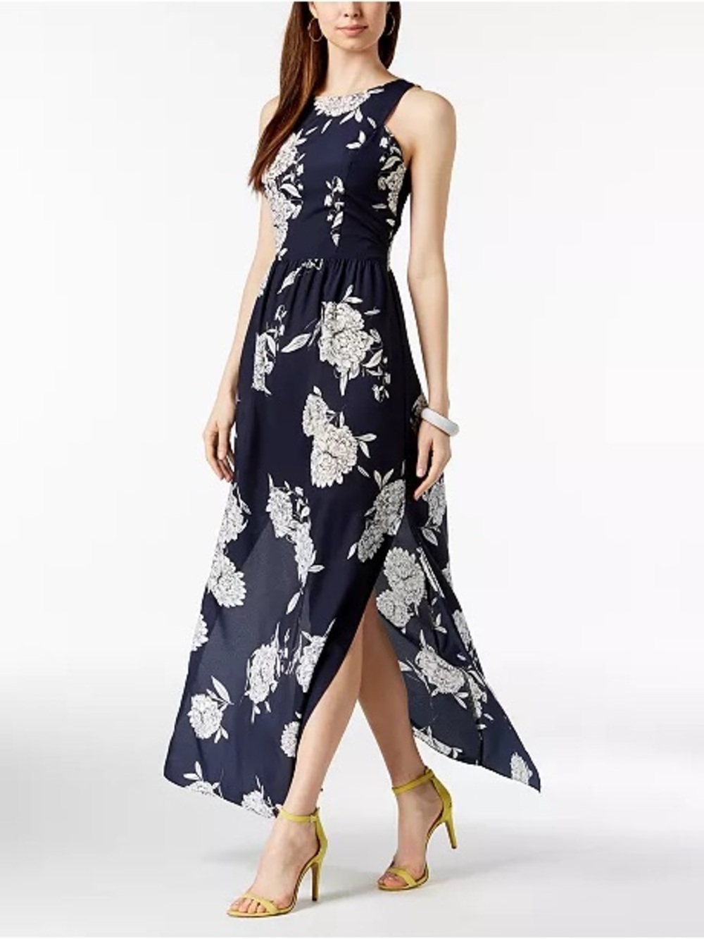 Vince Camuto Navy Maxi Dress with White Floral Print and Yellow Lining